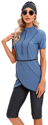 Odizli Damen Muslim Bademode Modest Tankini Islamisch Kurzärm Schwimmoberteile+Schwimmhose+Hijab 3tlg Ganzkörper Schwimmanzug