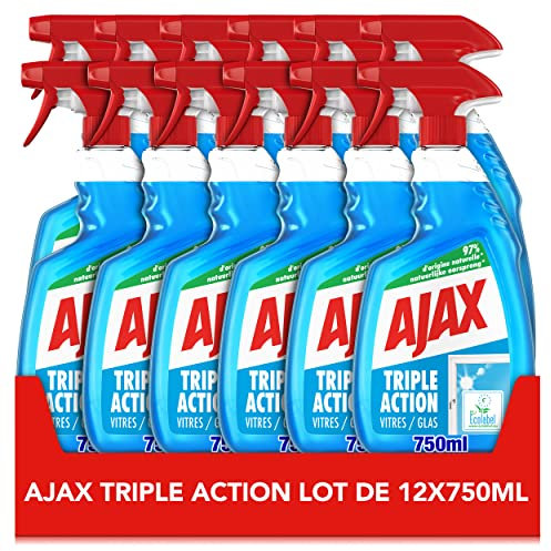 Ajax - Spray Produit Nettoyant Vitres Ajax Triple Action - Pour des Vitres 100 % Sans Traces et 100% transparentes - Nettoie en profondeur - Formule 3 En 1 - 750mlx12
