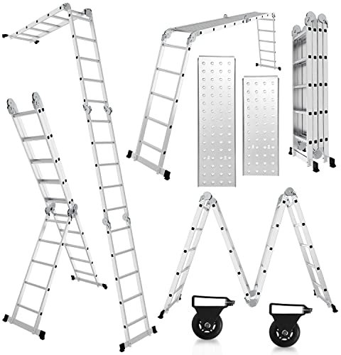 Randaco Scala multiuso 7 in 1, 470 cm, 4 x 4, in alluminio, pieghevole, con 2 piattaforme e ruote, 16 pioli, carico massimo 150 kg, scala snodabile