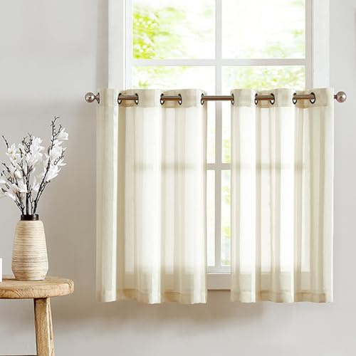 TOPICK Voile Scheibengardinen mit Ösen Transparent Bistrogardine Landhaus Streifen Küchenvorhang Gestreift Küchengardinen Paarig für Badezimmer Klein Fenster Dekor 90x115cm(BxH) Beige 2er Set