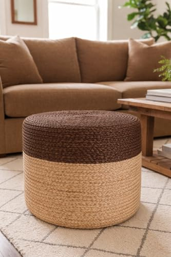 The Knitted Co. Jute Pouf Ottoman | Footrest Pouf | Hand Braided - Round Boho Pouffe - for Living Room, Bedroom, Nursery (18x18x12) Brown