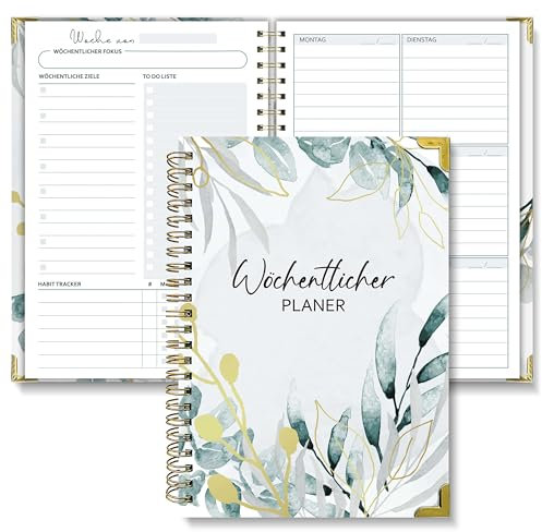 BIROYAL Undatierter Wochenplaner | Terminplaner A5 | wöchentlicher Terminkalender mit To-Do-Liste, großem Notizfeld | 52 Blatt Terminplaner auf Deutsch Ringbuch mit Hardcover | Eukalyptus