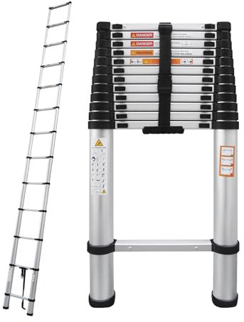 Teleskopleiter aus Aluminium 3.8M, Klappleiter & Ausziehleiter, tragbare Kompaktleiter mit rutschfesten Füßen, Mehrzweck-Dachleiter, Belastbarkeit: 150 kg/330 Pfund, Robust, Langlebig, Leicht