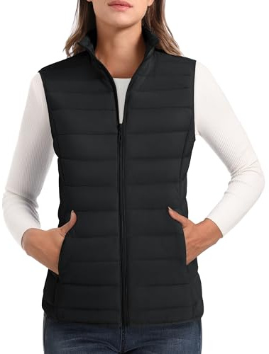 MAGCOMSEN Black Puffer Vest Women Sleeveless Lightweight Quilted Zip Up Jacket Stand Collar Padded Outerwear Down Vests with Pockets S