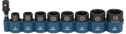 Makita E-16639 Schlagnuss-Set 3/8 9-teilig, SW8 - SW18 inkl. Adapter 50 mm 1/4-Sechskant auf 3/8-Vierkant, Chrom-Molybdän, Schlagnüsse 28 mm lang