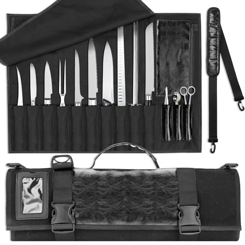 WISEPRO Chefs Knife Roll Bag, Heavy Duty Canvas & Leather Knife Case, Waterproof Knife Case with 10 Slots & 1 Detachable Storage Bag, for Home Kitchen Camping Hiking (Black)