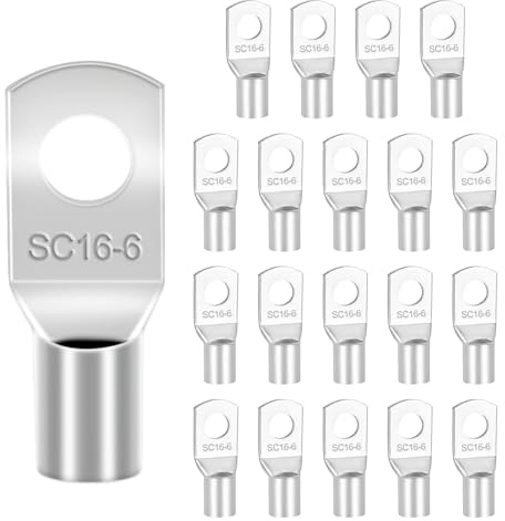 Pack of 20 Tube Cable Lugs M6, Cable Lugs 16 mm², Uninsulated SC Ring Cable Lugs Tinned Copper Tin-Plated Pipe Cable Lugs Cable Lugs for Battery Cable Car Motorcycle Distribution Boxes