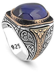 Jewellery Pit - Bague Homme en Saphir Bleu Ovale, Pierre Précieuse, Argent Sterling 925, Fait Main, Millésime, avec Chiffon de Nettoyage en Argent (67)