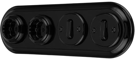 Unterputz Porzellan Retro Steckdose, Schalter, 4-fach, All-in-One, SET Serie PR1 schwarz