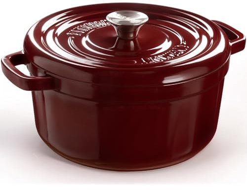 Overmont 26cm Enameled Cast Iron Dutch Oven - 5L Pot with Functional lid Cookbook & Cotton Potholders - Oven Safe up to 500° F, Sturdy Cookware for Braising, Stews, Roasting, Bread Baking, Wine Red
