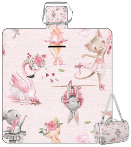 Mularoka Picknickdecke mit Kaninchen-Flamingo, wasserdicht, sanddicht, faltbar, Stranddecke, 150 x 145 cm, extra groß, tragbar, waschbar, Outdoor-Matte für Camping, Park, Gras, Wandern, Reisen