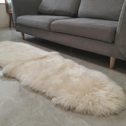 Kopal Sheepskin Rug 2x6 ft Genuine Australian Lambskin Area Rug for Bedroom Living Room Kid's Room, Super Soft and Fluffy, Double Pelt - White/Ivory