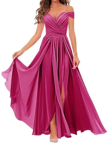 SAYNO Vestidos largos de dama de honor con hombros descubiertos, vestido formal de gasa para mujer, fucsia, 44