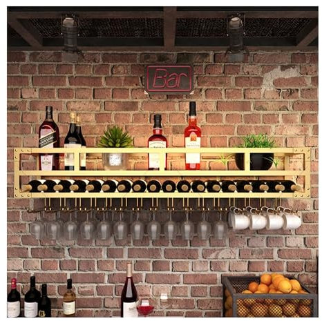 Weinregal Wand Metall mit Licht Flaschenregal Schmal mit Weinglashalter Wine Rack Weinschrank Hausbar Barschrank Weinständer Getränke Regal Bar Regal Wand für Esszimmer Home Bar Küche(Gold,DOUBLE LAYE