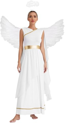 Yruioon Damen Engel Kleid Engelskostüm mit Engelsflügel Heiligenschein Weihnachtsengel Kleid Weißes Göttin Kostüm Halloween Karneval Fasching Partykleid