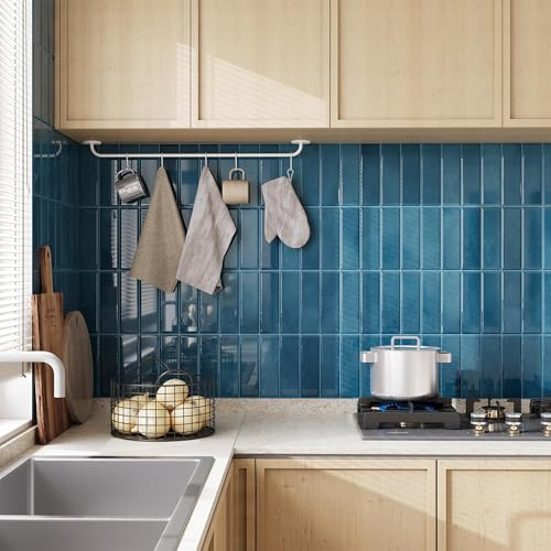 Yoillione Gruesos Azulejos Adhesivos Cocina: Azulejos Autoadhesivos para Cocina Baño - 3D Rectángulo Metro Baldosa de Pared (10 Piezas, Azul)