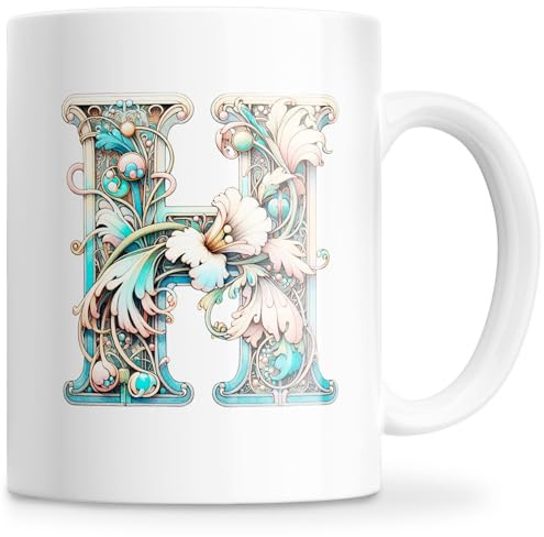 Cheerset Tasse avec Lettre et Initiale – Tasse à Café Alphabet Personnalisé avec Motif Floral – Tasse Personnalisé Mug Cadeau pour Femme, Maman, Dame, Amie – Cadeau Anniversaire, Fête des Mères (H)