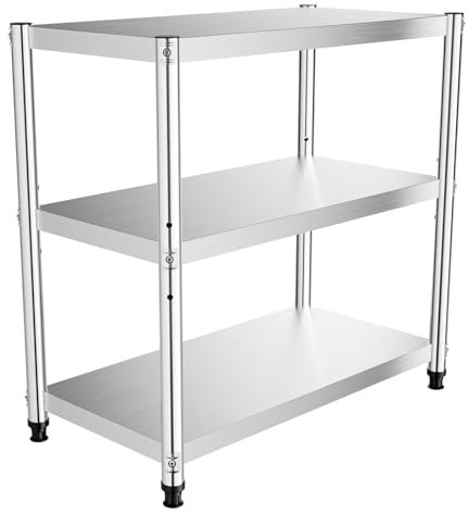 KenSyuInt Stainless Steel Work Table 3 Tier Food Preparation Table Commercial Catering Worktable Kitchen Prep Desk Kitchen Shelving Unit Metal Worktable 80 * 80 * 40cm