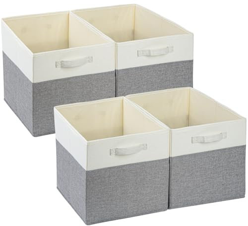 SOCOHOME Aufbewahrungsboxen Stoff,28x28x28cm Korb,Flache Stoff-Aufbewahrungskörbe für Kleiderkörbe,Truhen,Spielzeug,Regal(Grau Weiß, 4 Pack)