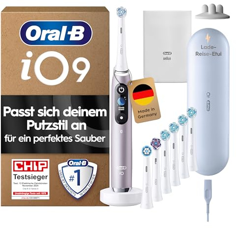 Oral-B iO Series 9 Elektrische Zahnbürste Rose PLUS Ausgewählte Original Oral-B iO Aufsteckbürsten Weiß 7x