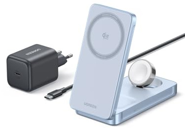 UGREEN MagFlow 3 in 1 Qi2 25W Caricatore Wireless MagSafe Pieghevole | Compatibile con iPhone 17 16 15 14 13 12 Air Plus Pro Max AirPods 4 3 Pro 3 2 1 iWatch, Stazione di Ricarica Wireless