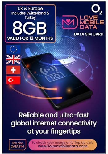 O2 Data SIM Card – Love Mobile Data International multi-network 4G/5G Prepaid Pay As You Go for Mobile Phones, WiFi Routers, & More - UK, Europe, Switzerland & Turkey Coverage, 8GB for 12 Months