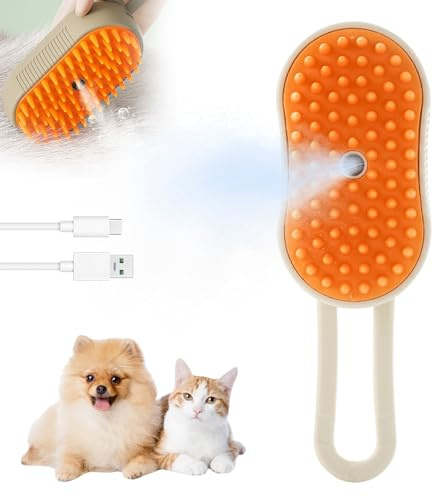 Katzenbürste mit Dampf, 2025 Neu Steamy Cat Brush, 3-In-1 Dampfbürste Katze Selbstreinigende Zupfbürste mit Einem Knopf Massage Steamer Kamm Hundebürste für Langhaar Kurzhaar Katzen Hunde (W-1PC)
