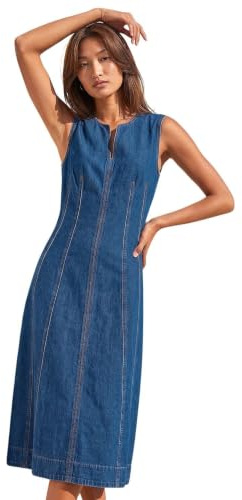 Roman Originals Denim Dress for Women UK - Ladies Jean Tunic Shift Cotton Panneled Midi A-Line Linen Smock Casual Knee Length Sleeveless Summer Straight Dresses - Blue Denim - Size 14