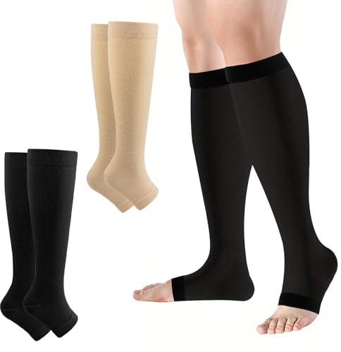 2 Paar Kompressionsstrümpfe Damen & Herren 20-30 mmHg, Compression Socks Lange Kompressionssocken Offene Spitze Stützstrümpfe mit Gradientenkompression für Krampfadern Ödeme Flug Sport Reisen (S/M)