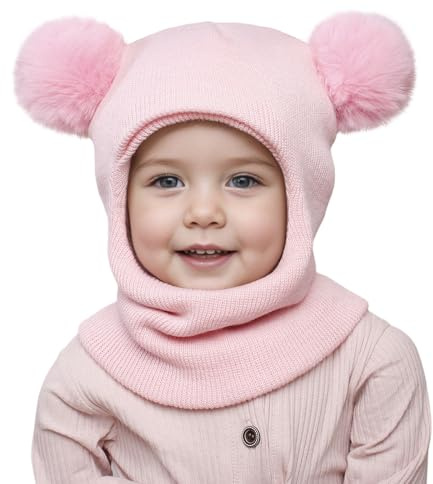 QckZee Kleinkind Baby SchalMütze Warm Niedlich, Schlupfmütze Kinder, Babymütze Strickmütze mit Bommel Samtfutter Kinder 2 in 1 Wintermütze mit Samtfutter Earflap Mütze für Baby 2-7 Jahre Grau Rosa
