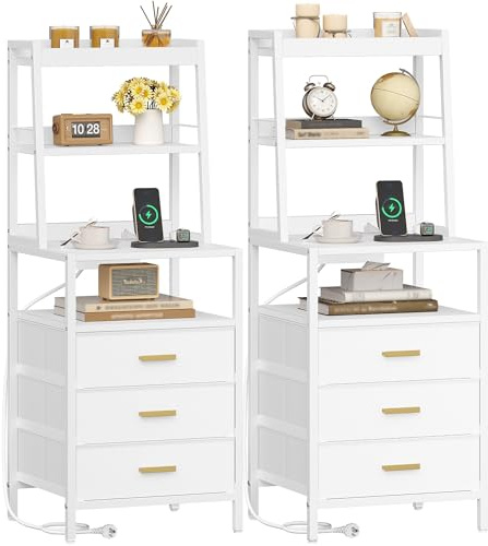Hzuaneri Nachttisch 2er Set mit Standregal, 2 Steckdosen und 2 USB | Beistelltisch mit 3 Stoff-Schubladen, Modern, für Schlafzimmer, Wohnzimmer, 35 x 40 x 105 cm Weiß NS10613W