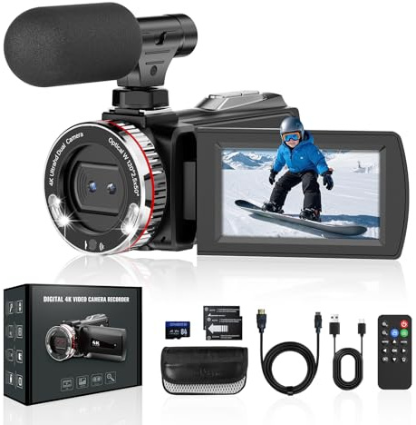 Euiivnt Videokamera 4K 48MP Camcorder, 3.0 IPS Schermo Videocamera Digitale, 21X Zoom Digitale Vlogging Camera per YouTube, Video Camera Con HDMI-Kabel/Mikrofon / 2 Batterie/Scheda SD da 64 GB