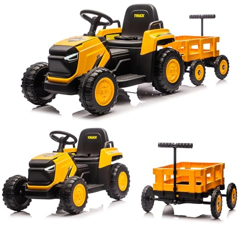 Garvee Toddlers Ride on Tractor with Detachable Garden Cart, 12V Electric Kids’ Vehicle with Trailer, Ages 3–8, Max Load 66 Lbs, Up to 2.5 Mph, Battery-Powered 8-Wheel, Remote Control, Garden Game