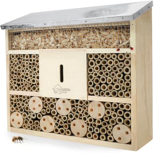 WILDLIFE HOME Bihotell insektshotell med metalltak I obehandlat, bihus av massivt trä för bin, nyckelpiga och Florflugor, insektshus I nesthjälp insektshotell för upphängning