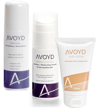 AVOYD Paquete Comfort Plus para hombres – Antiquemaduras de afeitar, vello encarnado e irritación de la piel después de la depilación. Set de Avoyd Original + Immaculate Man + Rub 'n Scrub