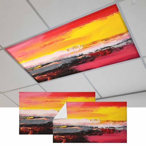 Fluorescent Light Covers, Red Yellow Magnetic Light Covers for Ceiling Lights, Modern Artwork Abstract Oil Painted Fluorescent Ceiling Shade Filters for Classroom Bedroom Office 4x2Ft x 2PCS