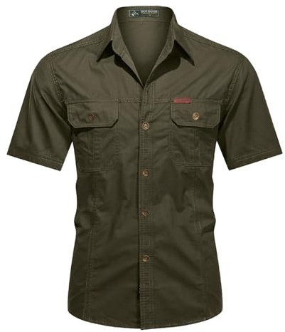 Muwodkdn Chemise Homme Manches Courtes Coton Cargo avec 2 Poches Poitrine | Chemisette Boutonnée Col Montant Slim Fit Couleur Unie Chemises de Travail Homme Safari Militaire Tactique Shirt