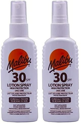Malibu Sun SPF 30 Lotion Spray, High Protection Sun Cream Spray, Vitamin Enriched Moisturising Sunscreen Lotion for Body, Water Resistant, 100ml (Pack of 2)