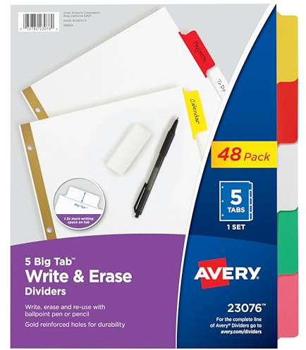 Avery 23076 Big Tab Schreib- und Lösch-Trennblätter, 5 bunte Tabs, 1 Set 5 Reiter 48-pack