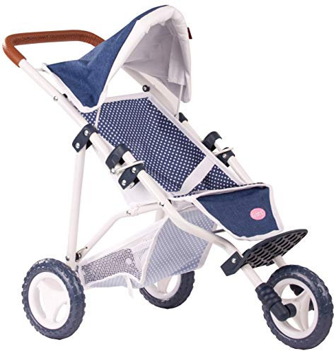 Götz 3403081 3-Rad Puppen-Buggy Denim Dots Puppenwagen - passend für alle Götz Puppen bis 50 cm mit Aufbewahrungskorb und verstellbarem Verdeck