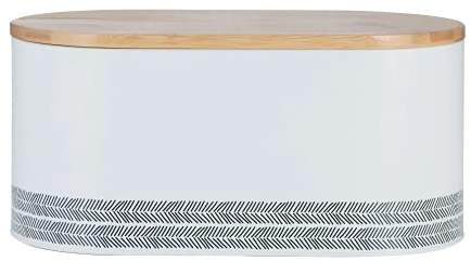 Typhoon Monochrome Bread Bin | Hardwearing Carbon Steel with Bamboo Lid | Keeps Bread Fresher For Longer | White and Black, 340mm x 180mm x 150mm