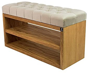 EMRA WOOD M-DEKO LPS-5 Polsterbank Schuhbank Chesterfield Gesteppt mit Ablage Bezug aus Beigem Velours Gestell aus Holz Nach Maß (Höhe 45cm Tiefe 35cm, 65)