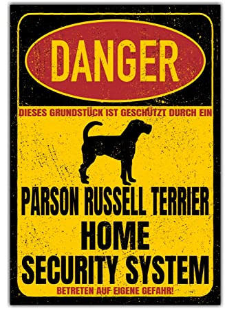 Parson Russell Terrier Schild Danger Security System Türschild Hundeschild Warnschild Hund Sicherheitsschild Hund Privatgrundstück Hundewarnung Warnung vor dem Hund