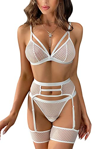 Aranmei Sexiga underklädesset för kvinnor 4 delar underkläder med strumpeband och hängslen nät-BH och trosor set hög midja spetsunderkläder babydoll teddy underklädesset, Vitt, M