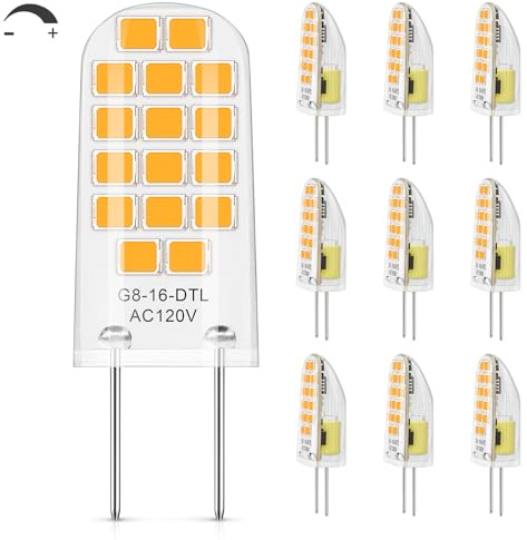 DiCUNO G8 LED Bulb Dimmable, Equivalent to G8 Halogen Bulb 20W, Warm White 2700K, 2W, 120V, T4 JCD Type Bi-Pin Base Light Replacements for Under Cabinet, Puck Light, 10-Pack