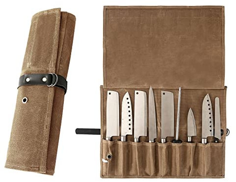Chef Knife Roll Bag, 9 Pockets Canvas Knife Case, Knife Bag, Knife Wrap Wallet, Cutlery Knife Pouch Holders Protectors for Chef Knives Kitchen Utensils, Tool Roll (Brown)