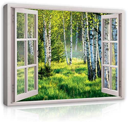 WallArena Leinwand Bilder 120x80 cm | Fensterbilck Wald Birkenwald Natur Landschaft, Format: 120x80 cm (BxH) - einteilig auf Canvas Leinwand. Das Leinwand