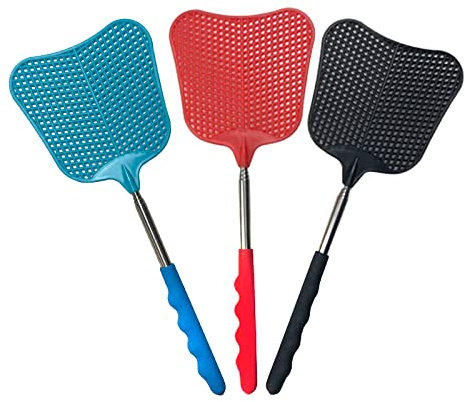 3 Pièces Tapette à Mouches Extensible, Plastique Tapette Mouche Durable et Robuste avec Poignée Télescopique, Tapette à Mouches pour Antiparasitaire Manuelle (Noir, Rouge, Bleu)