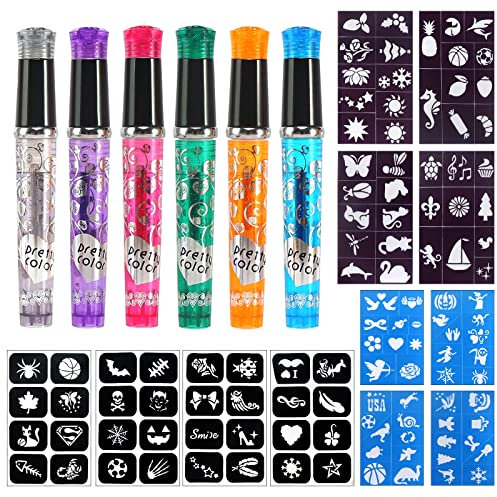 Tattoo Stifte Kinder, 6 Stück Tattoo Gelstifte mit 12 Schablonen 112 Muster, Tattoo Stifte Set Tatoostift für Kinder für Jungen Mädchen Party Verkleiden Halloween