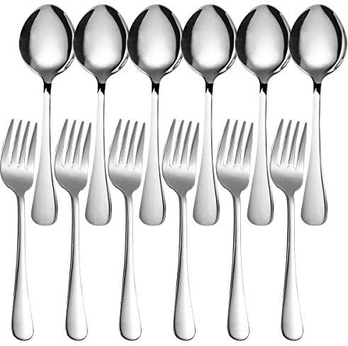 GOODFEER Groß Besteck Set 12 teile Löffel und Gabeln, Edelstahl Servierlöffel Spülmaschinenfest Salatbesteck für Küche, Restaurant, Party, zum Teilen von Speisen, 8.5 inch (21.60cm)